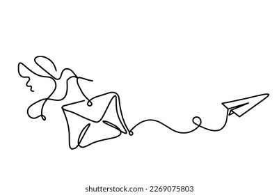 Abstract paper envelope with bird and paper plane as line drawing on white background. Vector