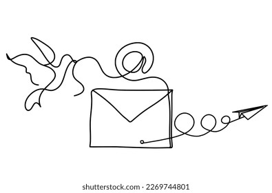 Abstract paper envelope with bird and paper plane as line drawing on white background. Vector