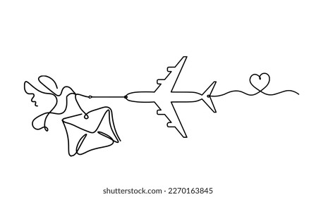 Abstract paper envelope with bird and plane as line drawing on white background. Vector