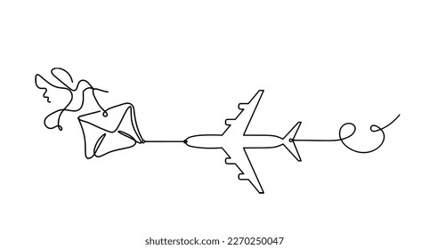 Abstract paper envelope with bird and plane as line drawing on white background. Vector