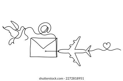 Abstract paper envelope with bird and plane as line drawing on white background. Vector