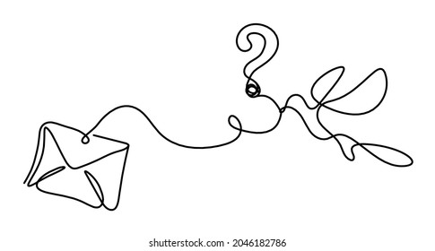Abstract paper envelope with bird and question mark as line drawing on white background. Vector