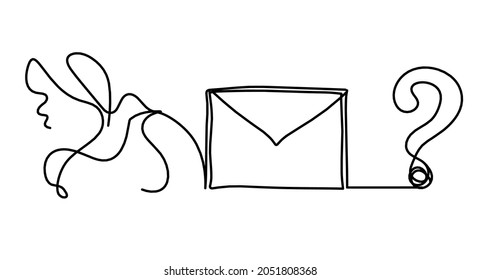 Abstract paper envelope with bird and question mark as line drawing on white background. Vector
