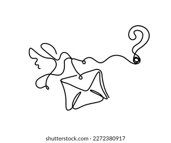 Sobre de papel abstracto con pájaro y signo de interrogación como dibujo de línea sobre fondo blanco. Vector