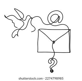 Abstract paper envelope with bird and question mark as line drawing on white background. Vector