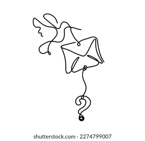 Abstract paper envelope with bird and question mark as line drawing on white background. Vector