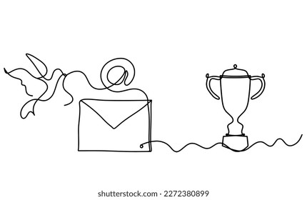 Abstract paper envelope with bird and trophy as line drawing on white background. Vector
