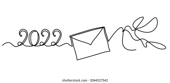 Abstract paper envelope with bird and writing "2022" as line drawing on white background. Vector
