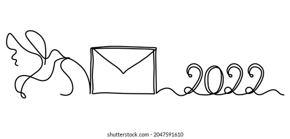 Abstract paper envelope with bird and writing "2022" as line drawing on white background. Vector