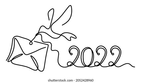 Abstract paper envelope with bird and writing "2022" as line drawing on white background. Vector