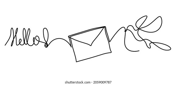 Abstract paper envelope with bird and writing "Hello" as line drawing on white background. Vector