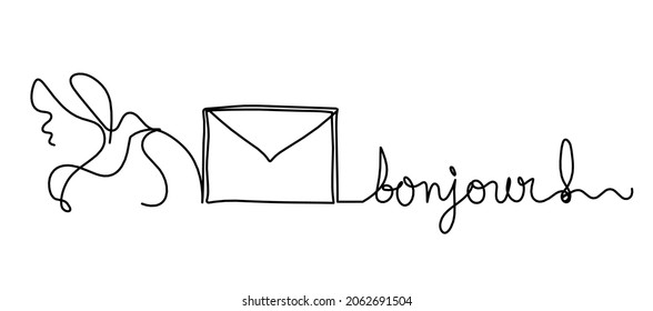 Abstract paper envelope with bird and writing "bonjour" as line drawing on white background. Vector