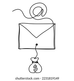 Abstract paper envelope with dollar as line drawing on white background
