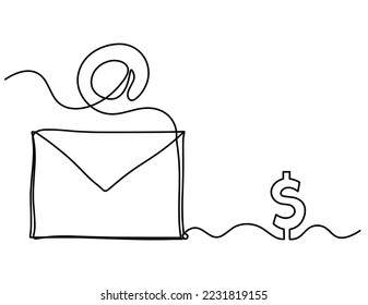 Abstract paper envelope with dollar as line drawing on white background