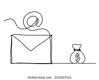 Abstract paper envelope with dollar as line drawing on white background