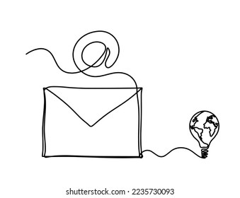 Abstract paper envelope with globe light bulb as line drawing on white background