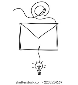 Abstract paper envelope with light bulb as line drawing on white background