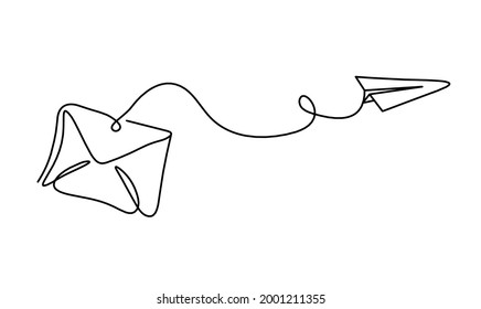 Abstract paper envelope with paper plane as line drawing on white background. Vector
