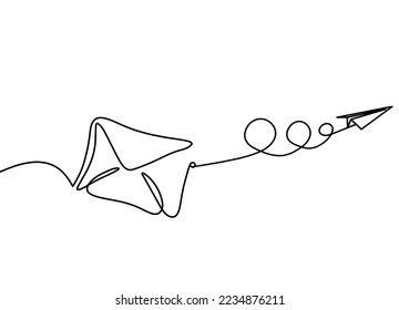 Abstract paper envelope with paper plane as line drawing on white background