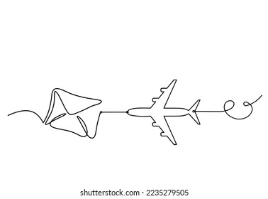 Abstract paper envelope with plane as line drawing on white background