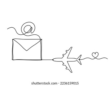 Abstract paper envelope with plane as line drawing on white background