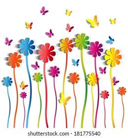 Abstract paper Flowers background - paper butterflies - spring theme card - vector