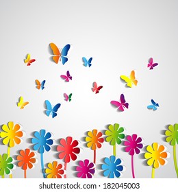 Abstract paper Flowers background - paper butterflies - spring theme card - vector