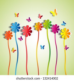 Abstract paper Flowers - paper butterfly - spring theme card - vector