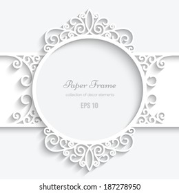 Abstract paper frame with shadow, swirly round vignette, ornamental vector label on white background, eps10