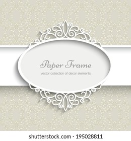 Abstract paper frame with shadow, vector round vignette, scrapbook decoration, white label on ornamental background, eps10