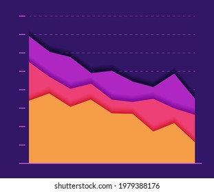 Abstract Paper graph color line moving down. concept of collapse and fall. Modern design graphics on dark background. Vector illustration.  
