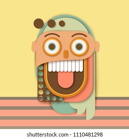 Abstract paper human crazy smiling face. Colorful geometric shapes. Modern paper cut art style
