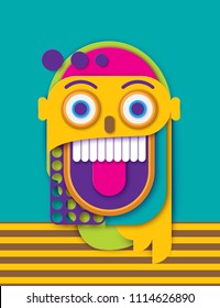 Abstract paper human crazy smiling face. Colorful geometric shapes. Modern paper cut art style