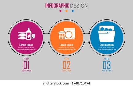 Abstract paper infografics of dishwashing, linen in the basket and washing machine, dishes in the dishwasher. Vector eps10 illustration