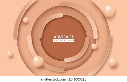 Abstract Paper Layer Cut Circles Background Decorated With 3D Balls In Peach And Brown Color.
