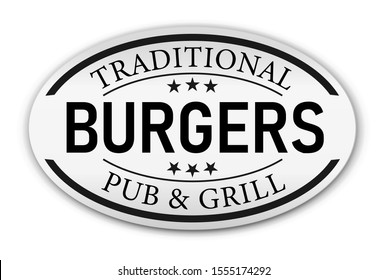 abstract paper logo label with text traditional Burgers pub and grill, vector illustration
