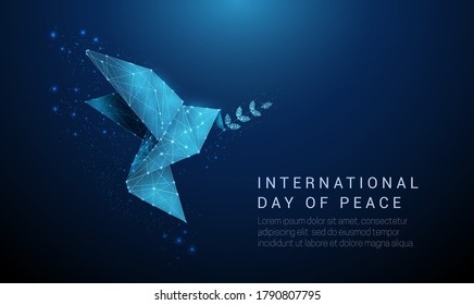 Abstract paper origami bird with olive branch. international day of peace concept. Low poly style design Geometric background. Light connection structure Modern 3d graphic Isolated vector illustration