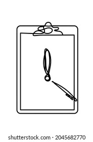 Abstract paper with pen and exclamation mark as line drawing on white background. Vector