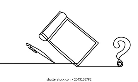 Abstract paper with pen and question mark as line drawing on white background. Vector