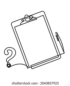 Abstract paper with pen and question mark as line drawing on white background. Vector