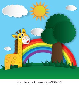 Abstract paper rainbow and giraffe. Vector illustration.