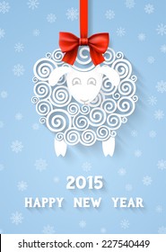 Abstract paper sheep, 2015 new year symbol on red ribbon with bow, with extensional shadows and 3d effects, EPS 10 contains transparency.