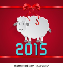 Abstract paper sheep with bow and ribbon and 2015 message on red background. vector illustrations.