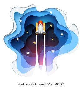 Abstract Of Paper Spaceship Launch To Space, Paper Art Concept And Exploration Idea, Vector Art And Illustration.