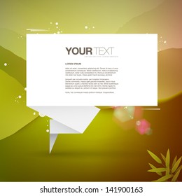 Abstract paper speech bubble with green landscape background Eps 10 vector illustration