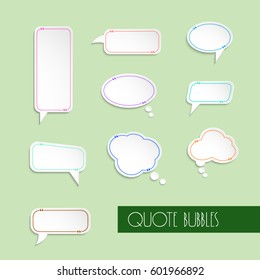 Abstract paper stylized quote speech bubbles set. Shadows and colored contours. Vector illustration.