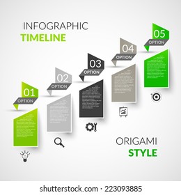 Abstract paper timeline infographics design template with origami style options and business icons vector illustration