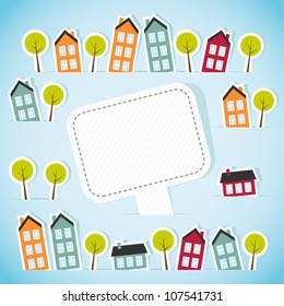 Abstract paper town with banner. Vector illustration.