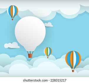 Abstract paper with white cloud and balloon on  blue sky background with space for design.Flat design style for spring card