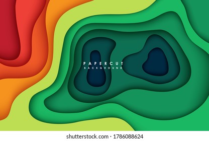 Abstract papercut background. Orange and green modern wavy layers composition.